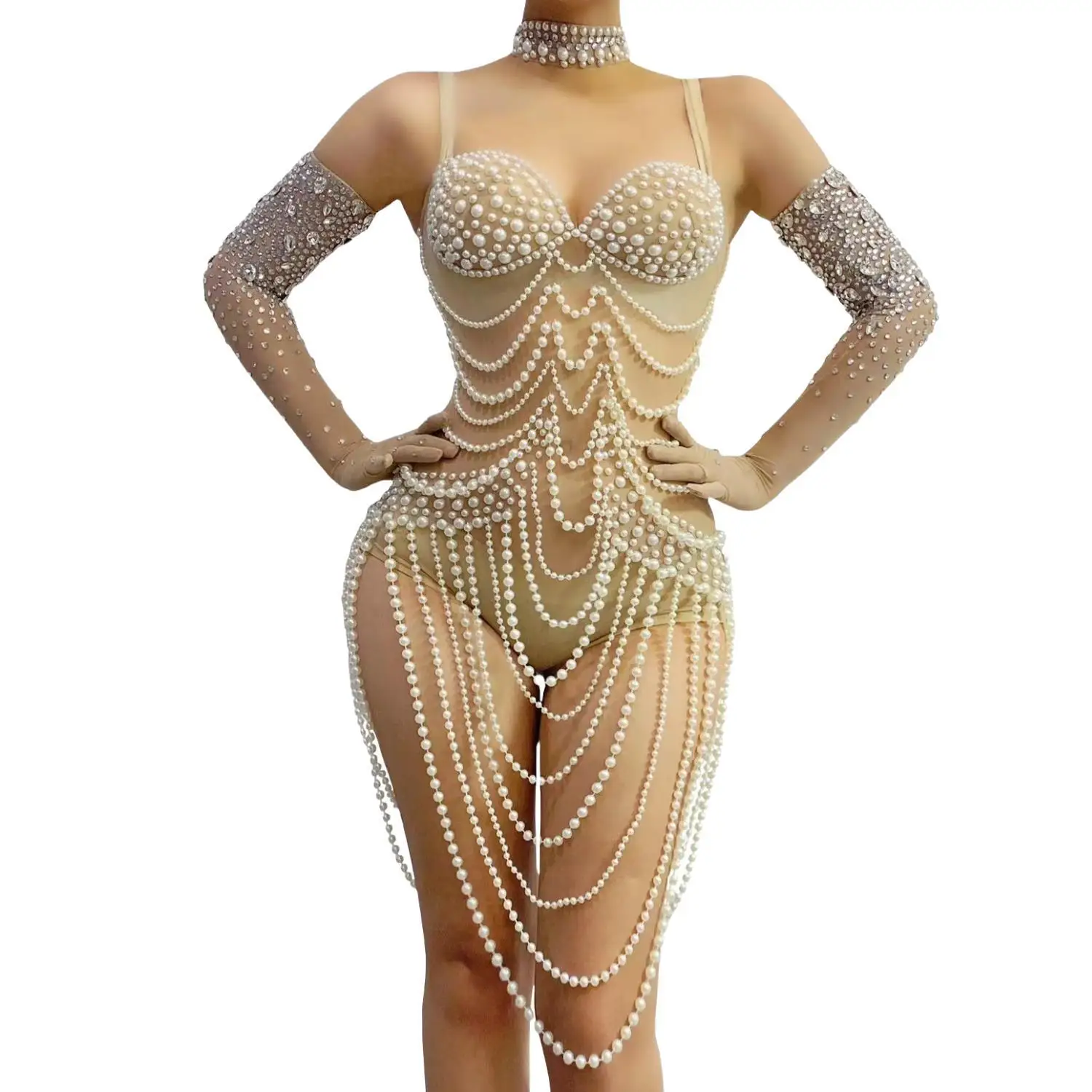 

Sparkly Rhinestones Big Pearls Fringes Bodysuit Sexy Bar Evening Prom Birthday Leotard Celebrate Party Dancer Female Singer Show