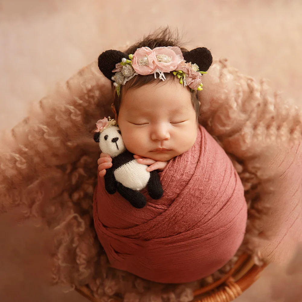 Photography for Newborns Props Baby Stretch Swaddle Wrap Headflower Panda Ear Headdress Doll Tudio Infant Photo Prop Accessories