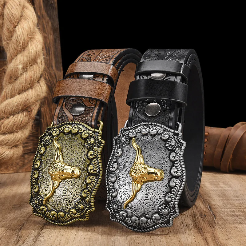 Herren- und Damenbekleidung – PU-Ledergürtel im Western-Cowboy-Stil – Vintage-Gürtel mit bedruckter Schnalle für Jeans – Detail 2