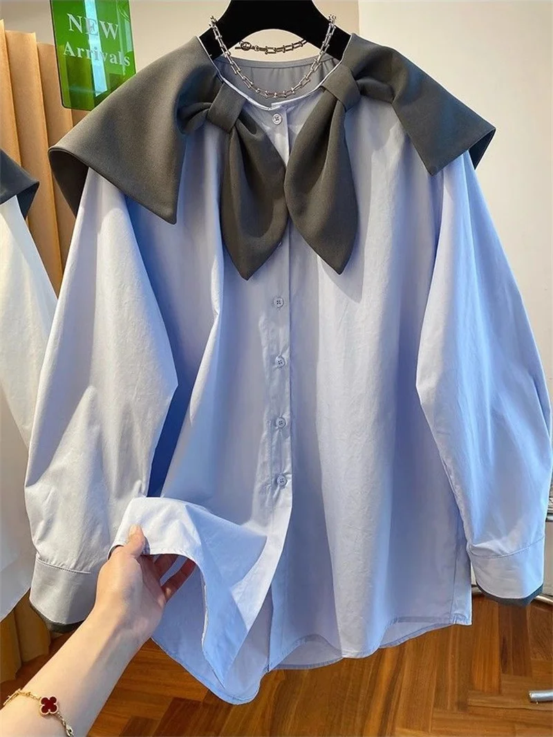 Shirts & blouses Design Sense Single-breasted bow Navy Collar big Lapel Shirt Women's new Loose Age-reducing Doll Collar top