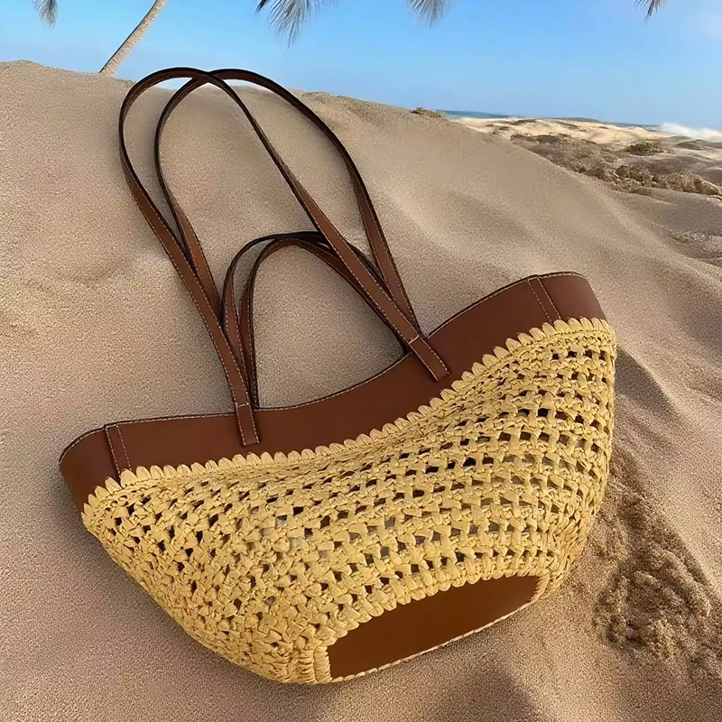 

2025 Y2k Retro Literary Fashion Versatile Casual Tote Bag Shoulder Handbag Large Capacity Grass Woven Large Bag Women's Bag