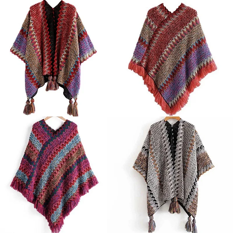 Poncho Cloak New Ethnic Shawl Pullover Tassel Cardigan Color Travel Photo Casual Women Knitted Cape Lady Coat