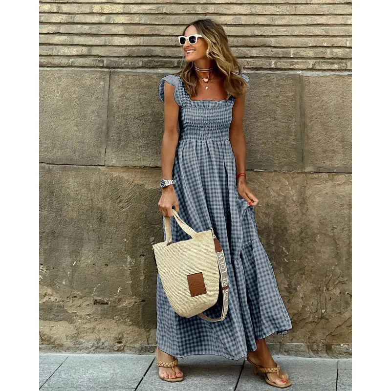 Elegant Plaid Slip Maxi Long Dress Summer Women's Strapless Ruffle Backless Pleated Elastic Waist Boho Party Swing Loose Dresses