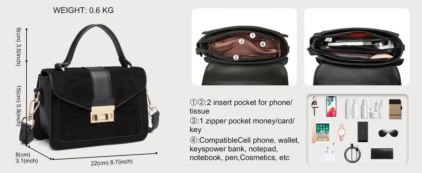 Black handbag with top handle and detachable strap. Features multiple compartments, weighs 0.8 kg, and measures 22 cm x 17 cm x 11 cm. Interior pockets for various items shown.