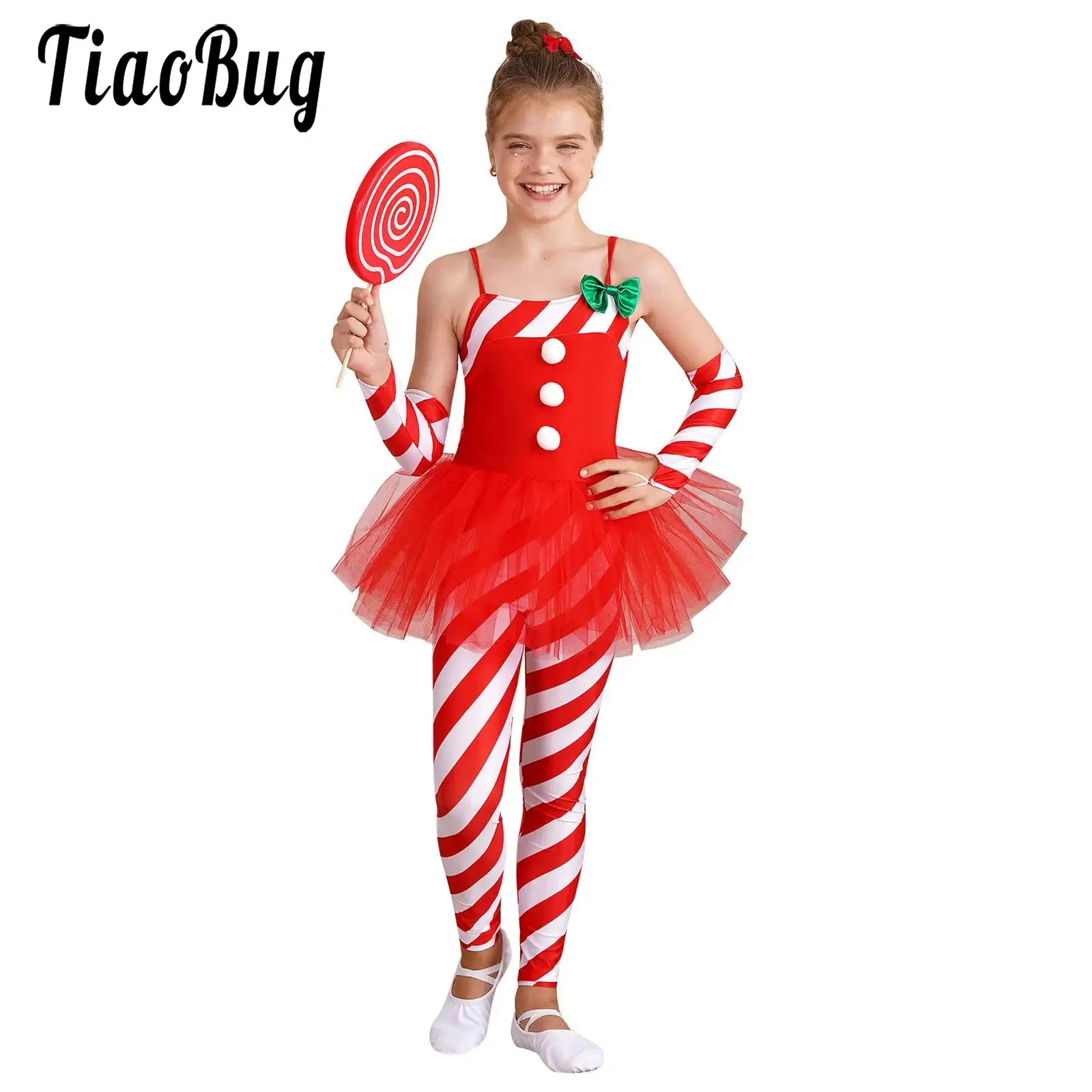 Girls Christmas Party Candy Cane Dress Up Xmas Santa Striped Jumpsuit Tutu Dress Kid Gymnastics Ballet Dance Performance Costume