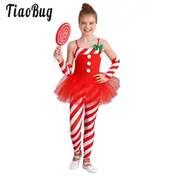 Girls Christmas Party Candy Cane Dress Up Xmas Santa Striped Jumpsuit Tutu Dress Kid Gymnastics Ballet Dance Performance Costume