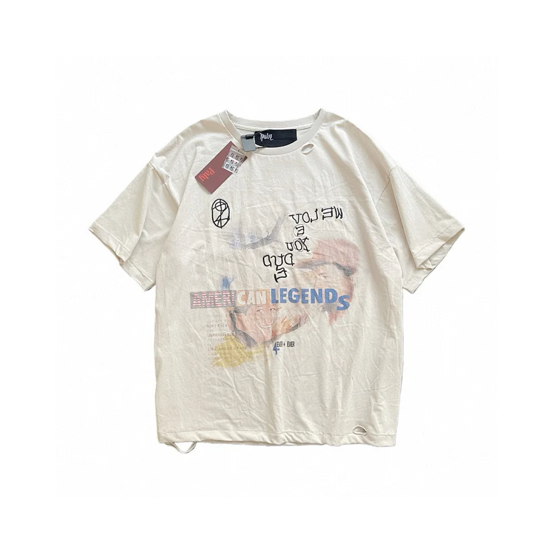 Vintage Distressed Summer T-shirt Graphic Print Ripped Destroyed Short Sleeve Tee Y2K Streetwear Oversized Loose Casual Tops