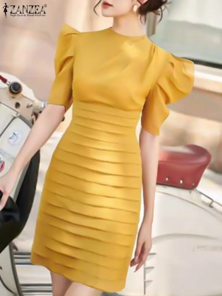 ZANZEA Women Chic Pleated Wrap Dress 2024 Summer Elegant Puff Short Sleeve Party Dress Vintage Cocktail Dress Sexy Slim Vestidos