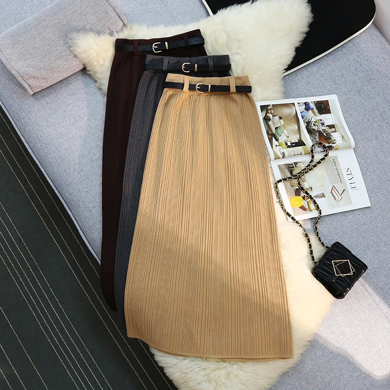 

Seoulish Autumn Winter Knitted Women's Skirts with Belted 2024 New Solid Elegant Back Split Straight Wrap Skirts Female