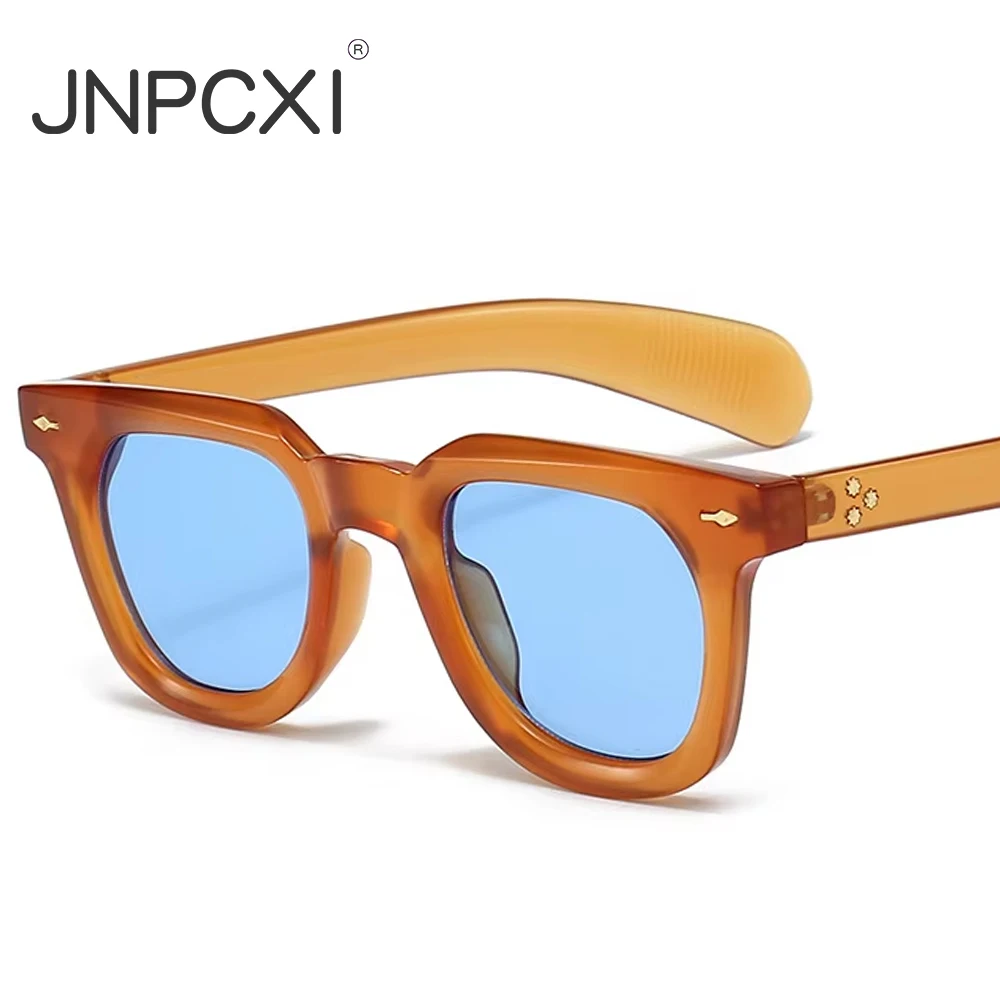 JNPCXI Square Women Rivets Decoration Design Sunglasses UV400 Retro Punk Men Tea Shades Sun Glasses