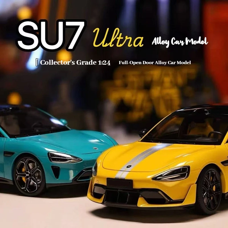 

1:24 Su7ultra Alloy Car Model Mass Production Yellow Simulation Six Door Opening With Front Spoon Tail Wing Display Collection