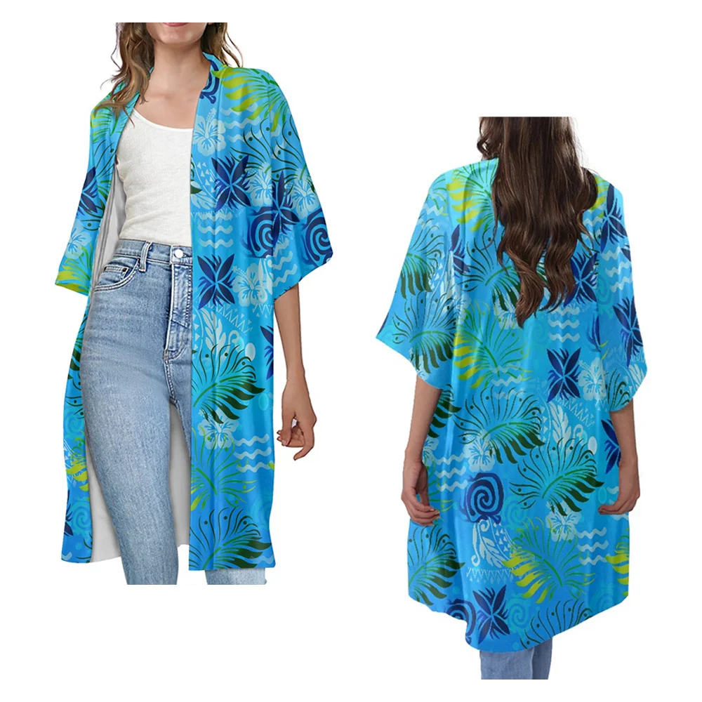 Women's Long Kimono Cardigan Polynesian Tribal Samoa Tongan Fiji Print Casual Trench Coat, Beach Cardigan, Summer Fashion, 2023