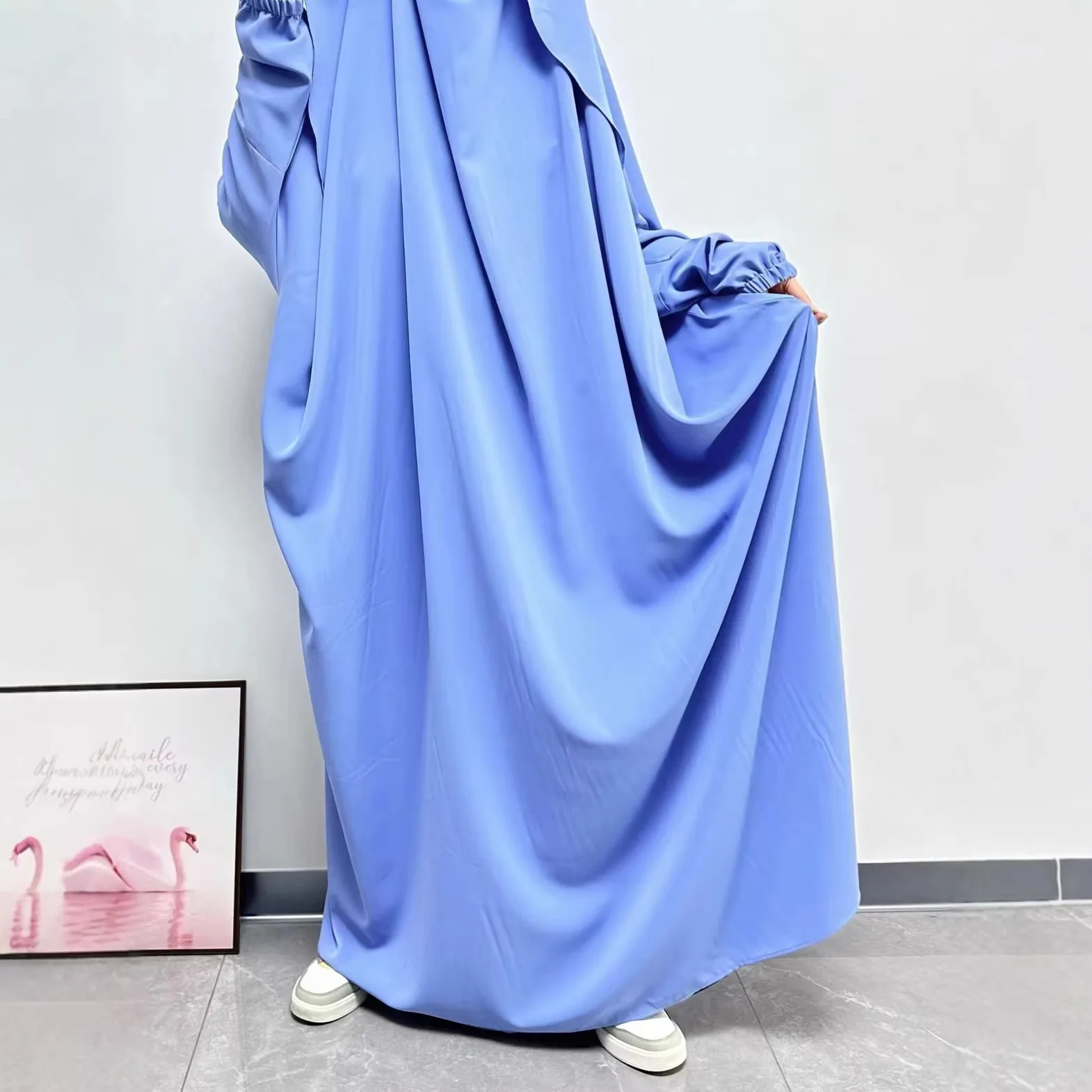 

Muslim One Piece Jalabiya with Niqab Straps Ruffle Lightweight Breathable Nida EID Ramadan Muslim Islamic Prayer Dress Oversiza