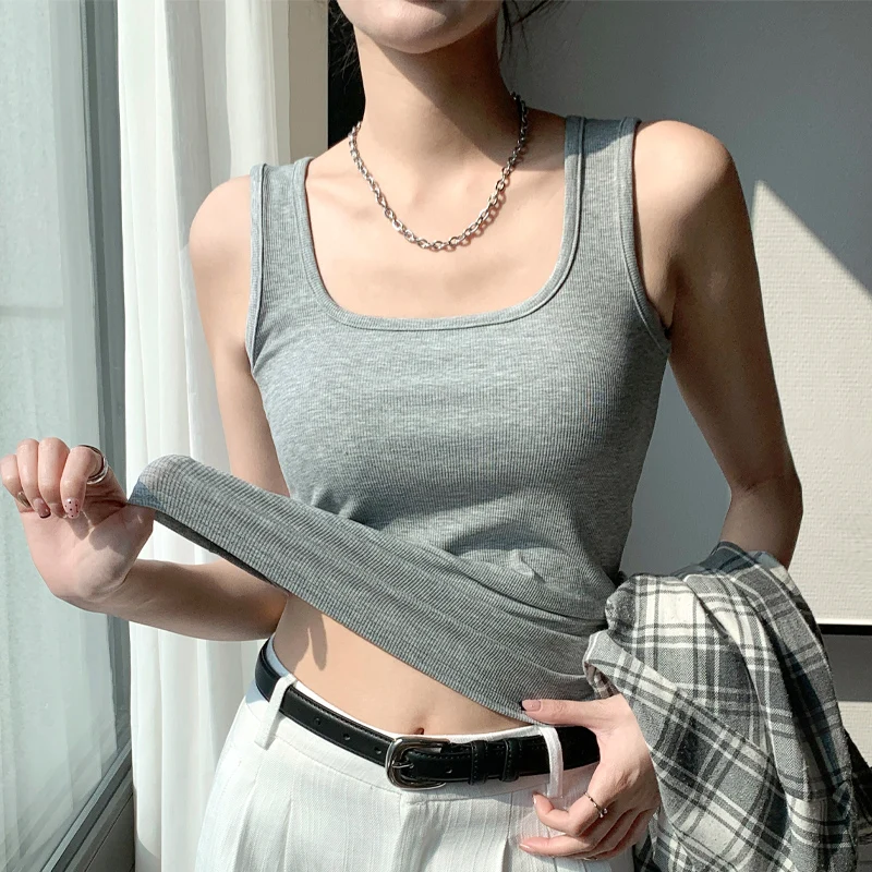 Wide Shoulder Summer Outerwear Vest Women's Square Collar Base Shirt 2026 New Style Inner Wear Threaded Work Design Top