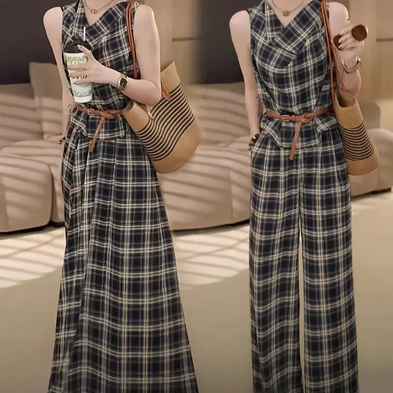

New Elegant Plaid 2 Pieces Set for Woman Summer Fashion V-neck Sleeveless Blouse Top + Wide Leg Pants with Belt Casual Tracksuit