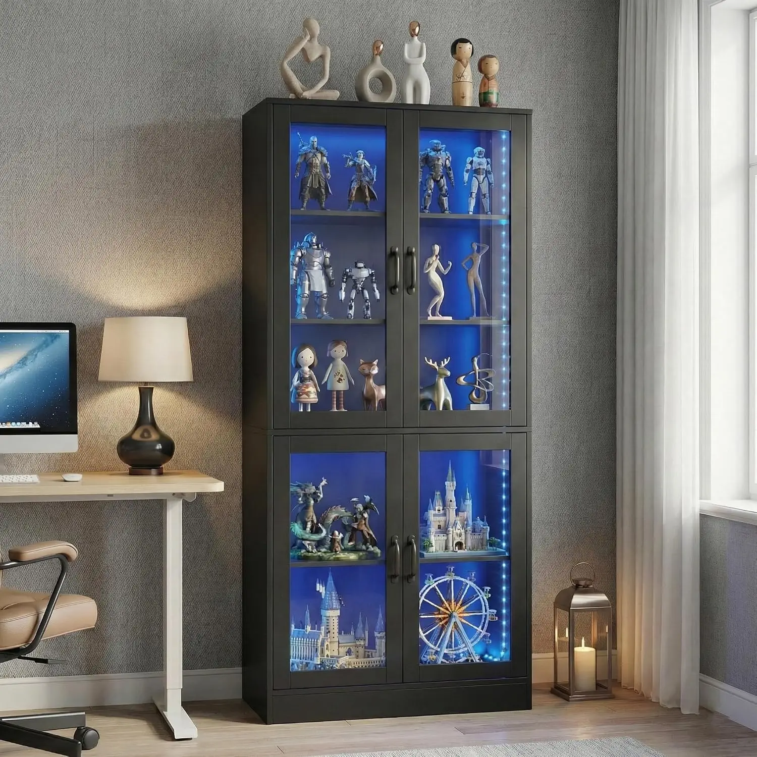 5-Tier Glass Door Display Cabinet LED Lights 65" Tall 4-Door Storage Bookshelf Living Room Home Office, Customized - view 3