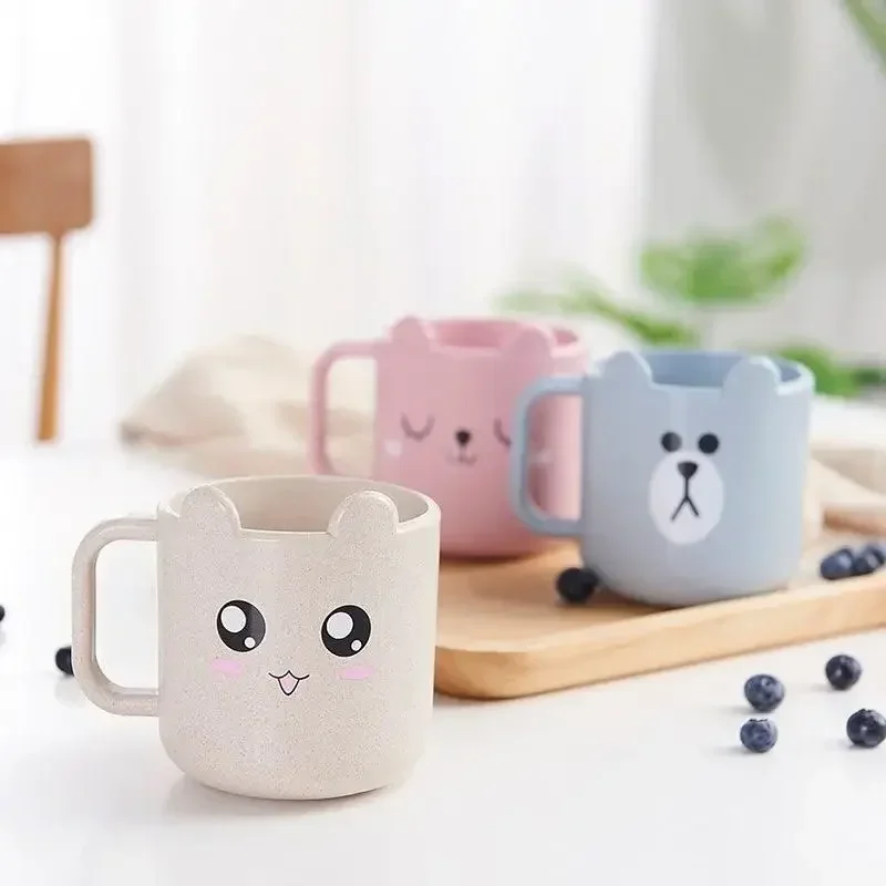 Cute Cup Cat Pattern Handle Cup Milk Coffee Wheat Straw Plastic Water Cup Travel Funny Mug Kids Children Christmas Party Gift