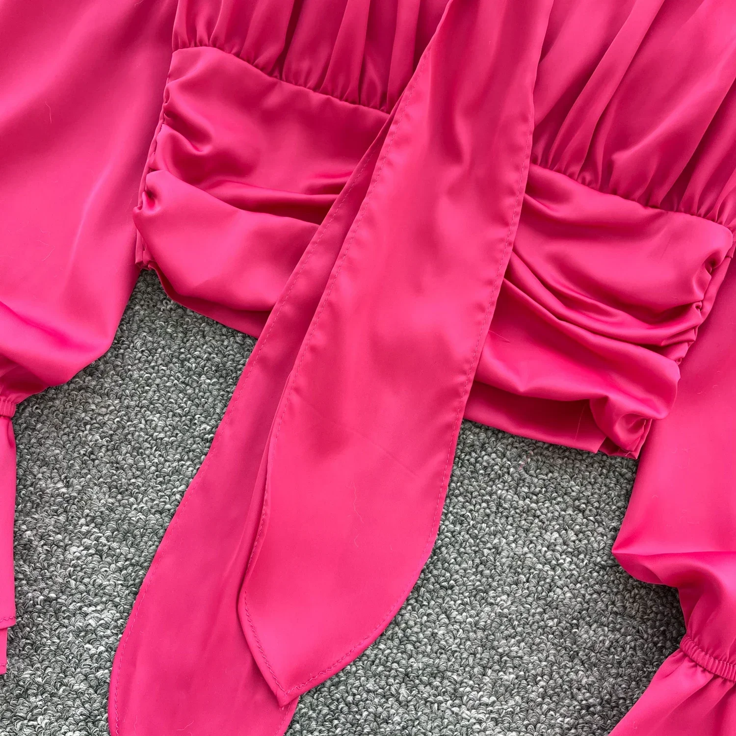 Vintage Halter Slim Riddons Chic Pleated Basics Long Flare Sleeve Satin Top Korean Women Streetwear High Street Autumn Blouse