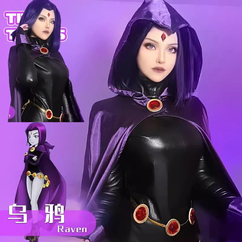 Super Hero Titans Cosplay para Mulher, Black Raven, Bodysuit com capuz roxo, Manto, Macacões, Festa de Halloween, Adolescente, Novo