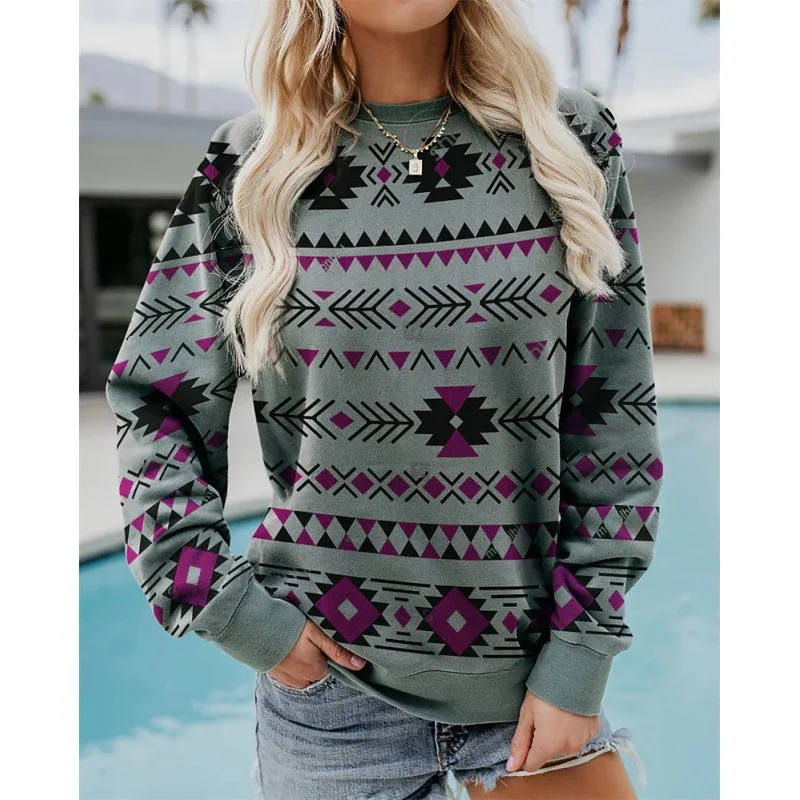 เสื้อสเวตเชิ้ตลายเรขาคณิตแบบพิมพ์ 3 มิติ สไตล์ลำลองสำหรับผู้หญิง แขนยาวแบบแร็กแลน มีฮู้ด สไตล์ Y2k เสื้อฮาราจูกุ เสื้อผ้าผู้หญิง