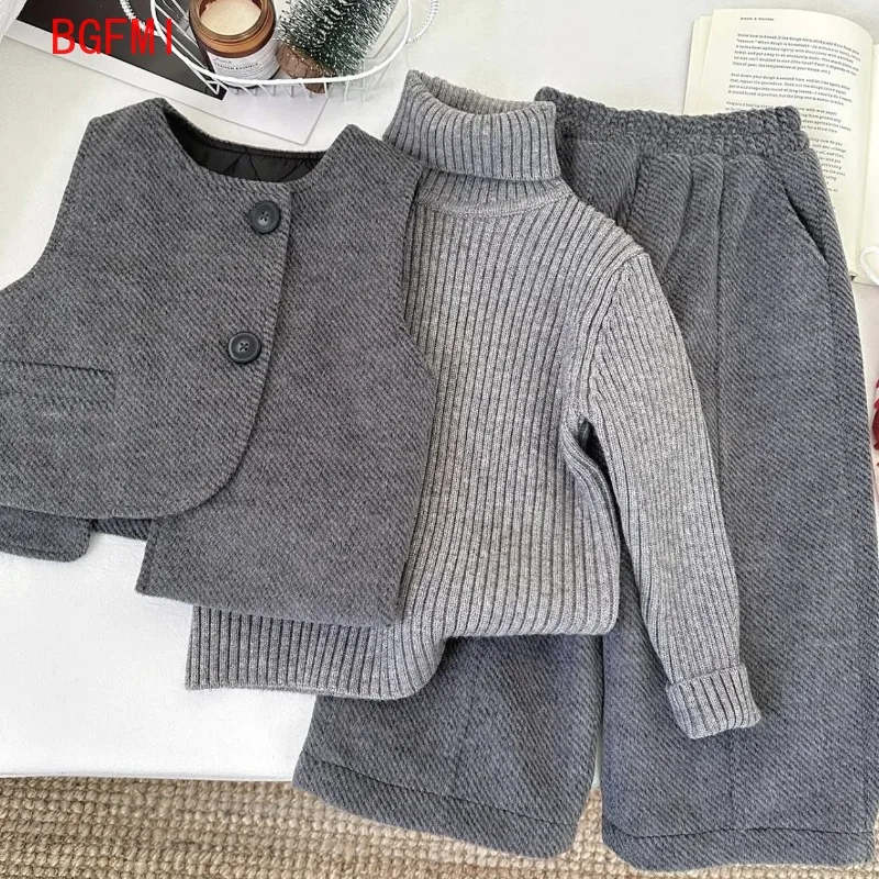Children's Winter Thick 3pcs Set 2026 New Kids Boys Girls Fashionable High Collar Sweater + Padding Vest + Velvet Pants 2-10Y
