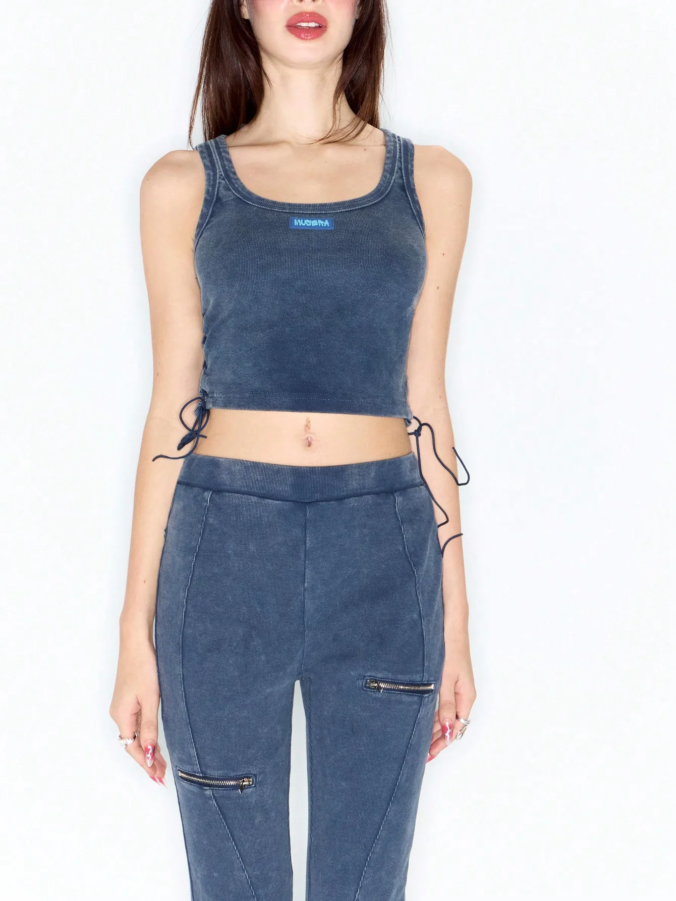 Ribbed vest leisure summer vacation spring summer vacation women's vest U-collar short vest on both sides of the rope strap