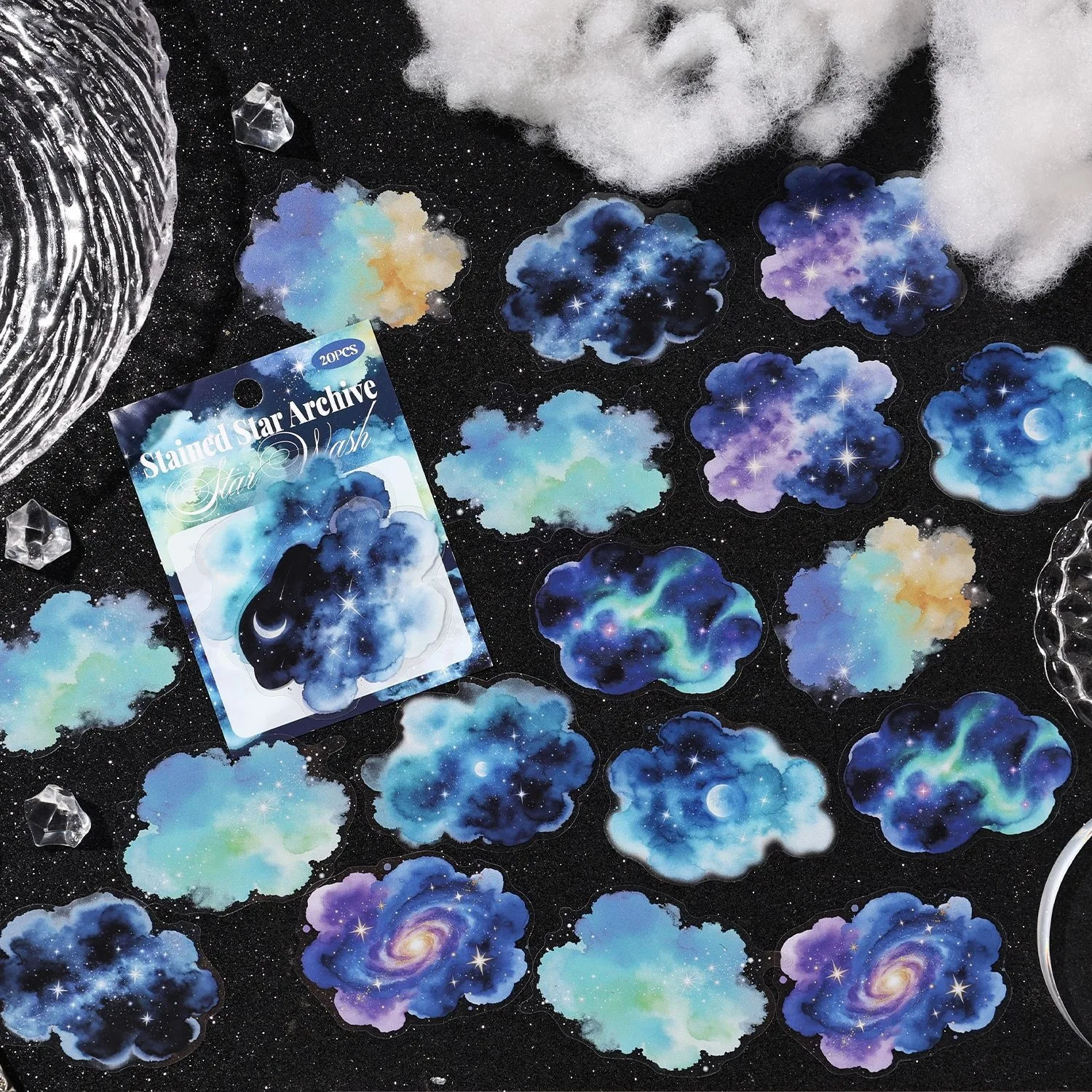 Dyed‑Star‑Record Series Sticker Pack, 20 Sheets Watercolor Blending Nebula Themed Decals for DIY Journal & Scrapbook Art Decor