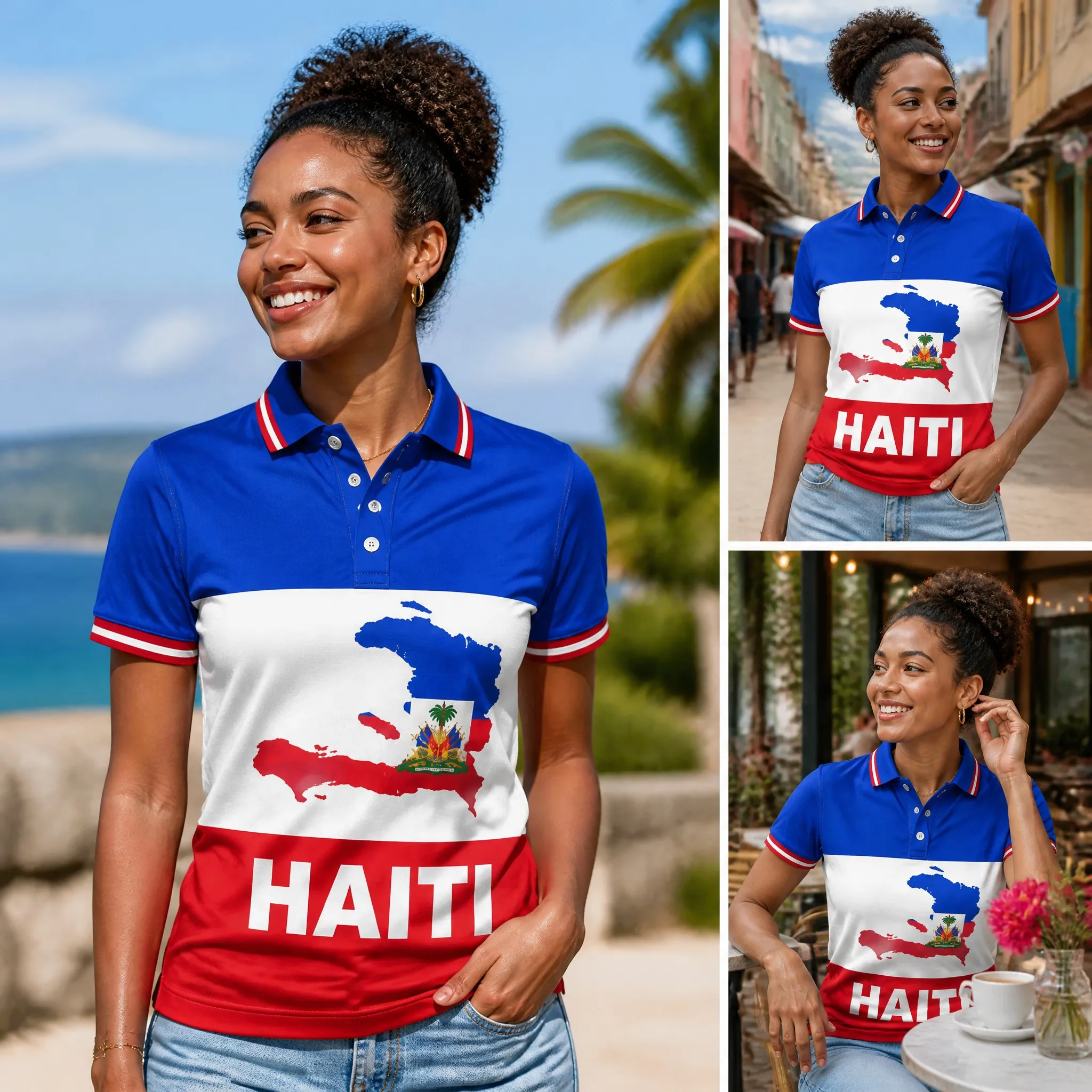 Polo shirt, Haitian women's sports short sleeved casual flag pattern, contrasting colors, edging, summer travel, daily wear
