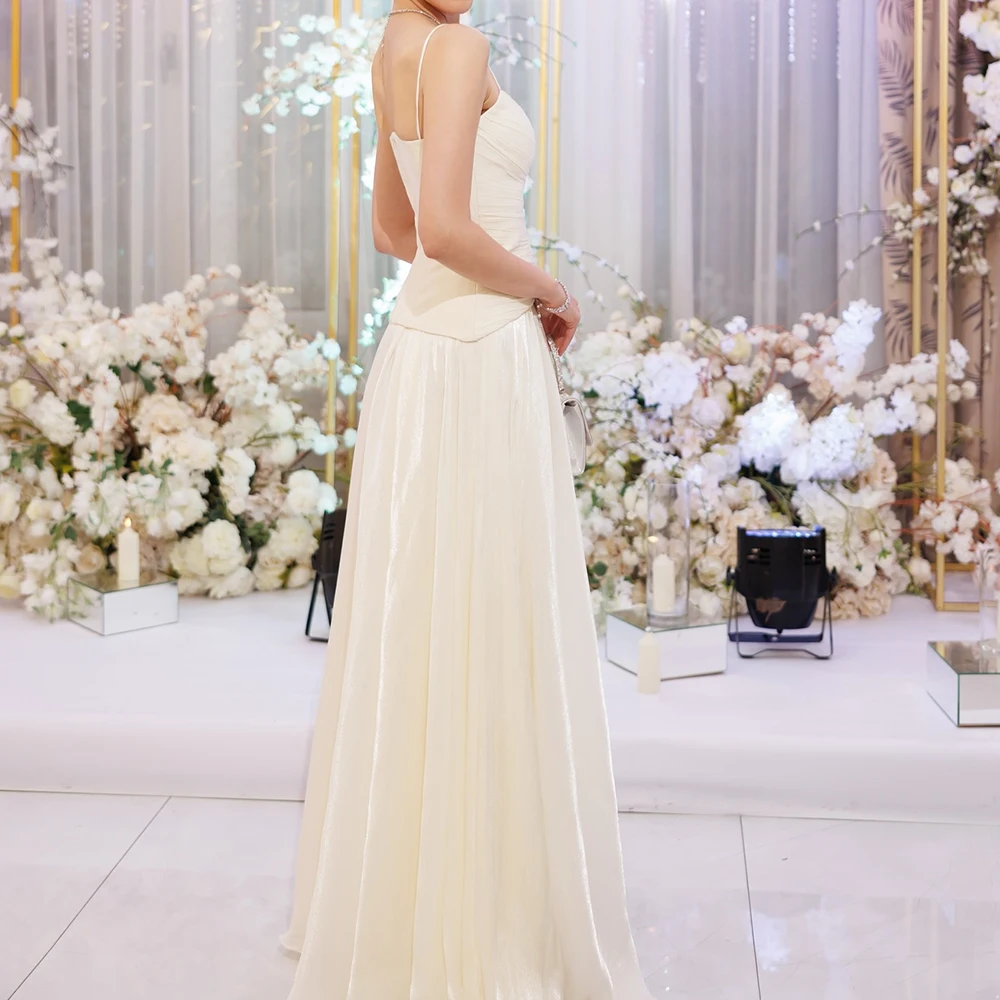 Customized A-line Evening Dresses Floor-length Spaghetti Strap Sleeveless Prom Gown Fashion Pleat Simple Draped Party Gown 4