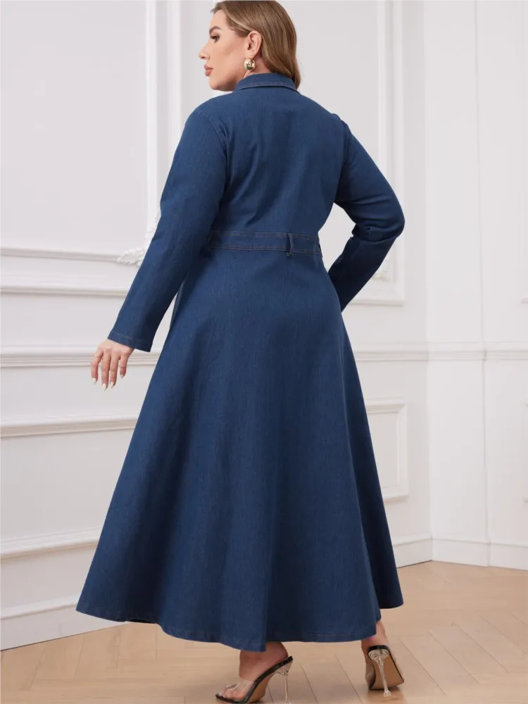 Plus Size Denim Autumn Winter Long Dress Women Ruffle Pleated Fashion Loose Ladies Dresses Long Sleeve Woman Shirts Dress 2023