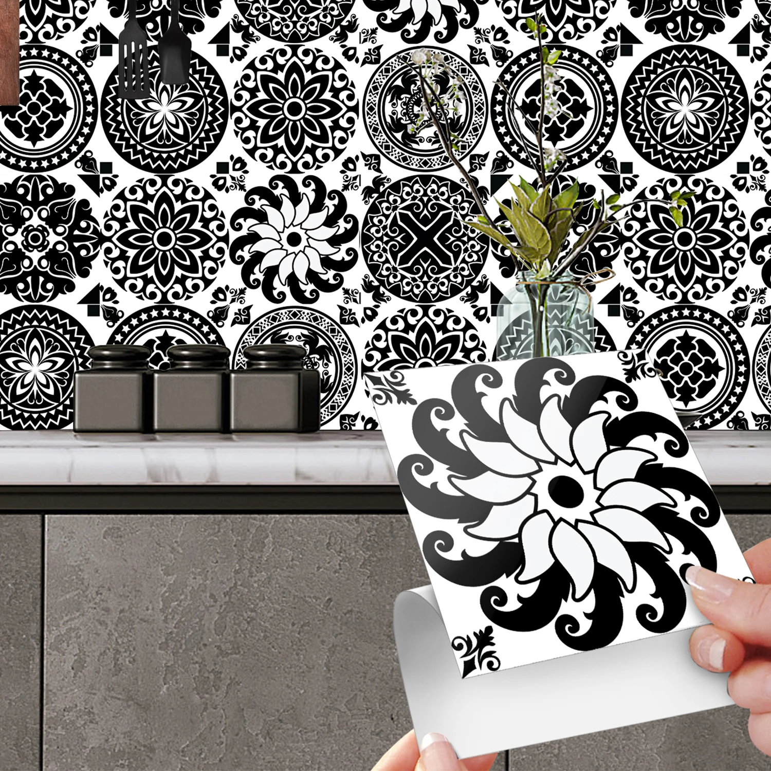 10 pcs/pack, Moroccan black and white PVC Self-Adhesive Tile Stickers - Waterproof, Oil-Proof, Easy to Clean for Home Decoration