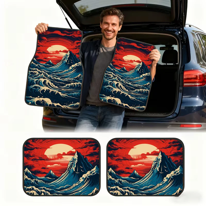 4 Pcs Car Floor Mats With Japanese Ukiyo-e Style Sea Wave Sunrise Pattern For Car Interior Decoration