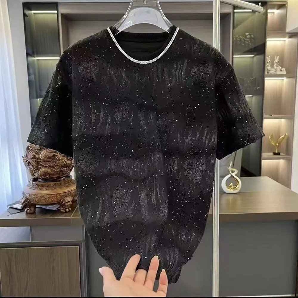 

Mens Y2k Hole Hollow Sequin T-Shirt Streetwear Fashion Trend Youth Personality T-Shirt Short-Sleeve Top Men'S Clothing 2025 New