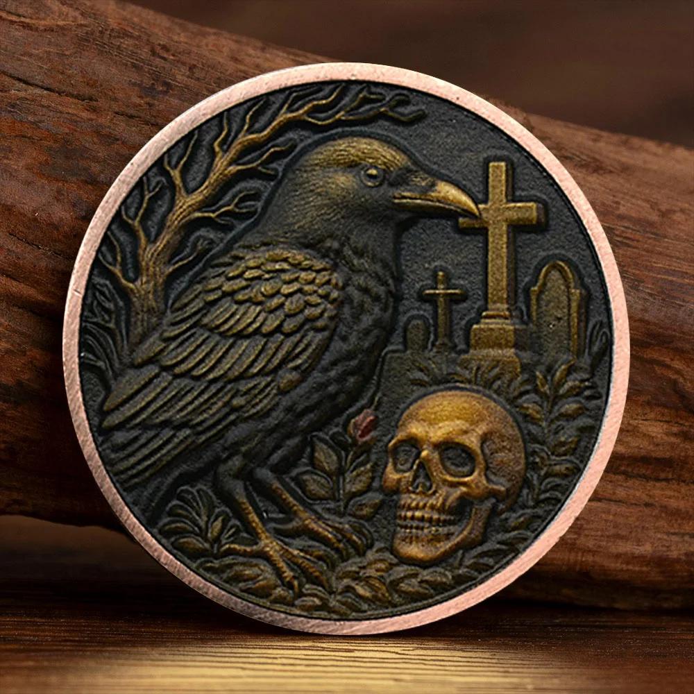 Memento Mori Skull Rose Commemorative Coingold Plated Crow Cross Collectible Coin Home Decoration
