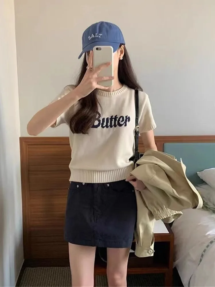 T-shirt da donna in seta di ghiaccio lavorata a maglia color kaki ort Design esclusivo estivo Slim Fit oulder Lunghezza ort Sve round Ne Top