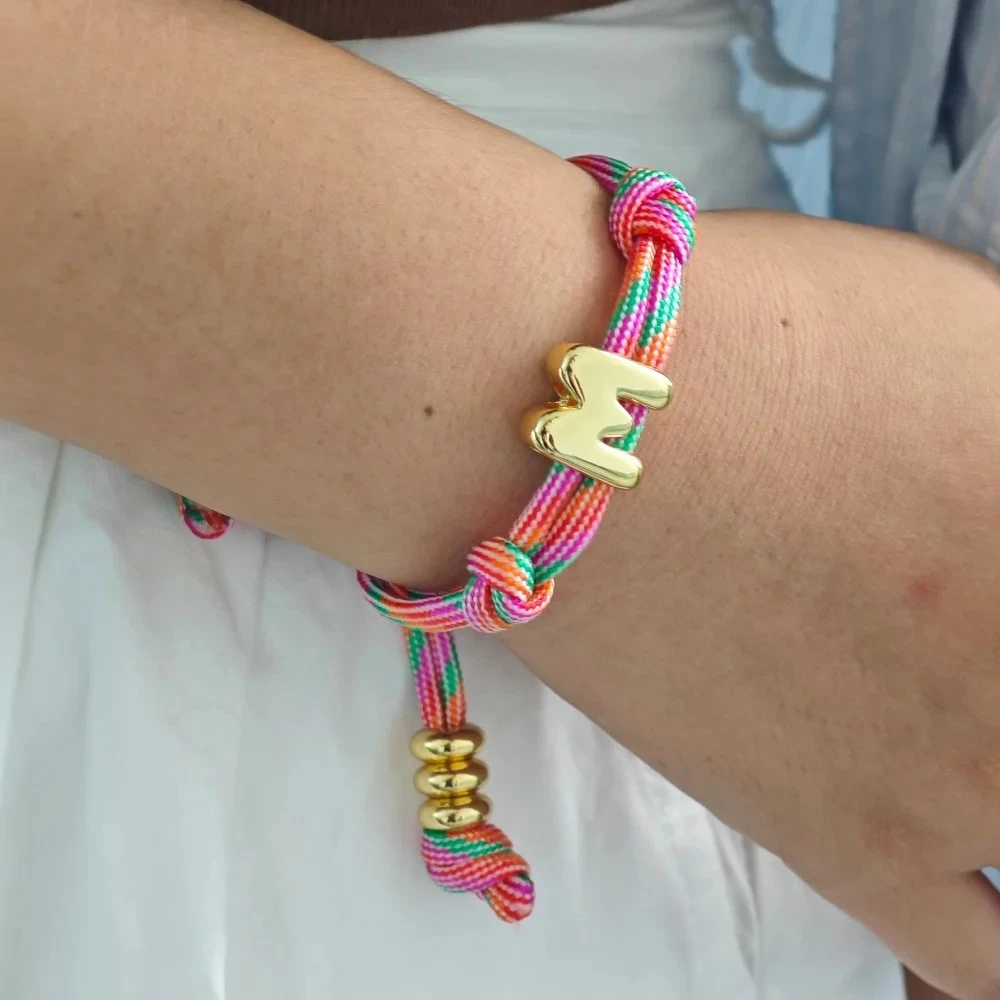 Lateefah Stainless Steel Bubble Letter Customizable Name Bracelet with Colorful Woven Rope New Arrival