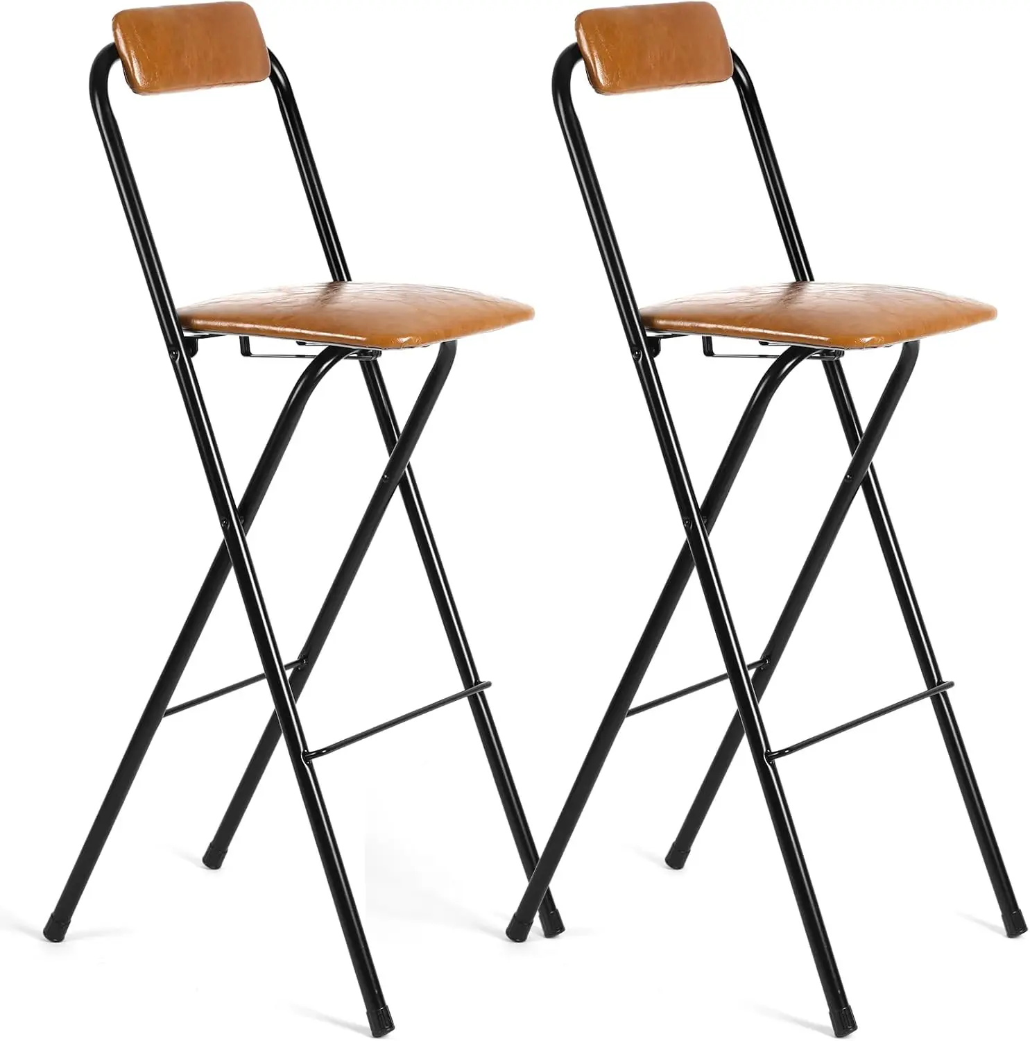 2 Pcs 29.5'' Folding Bar Stool With Back Tall Brown Leather Folding Stool Cushioned Padded Folding Counter Height Stool