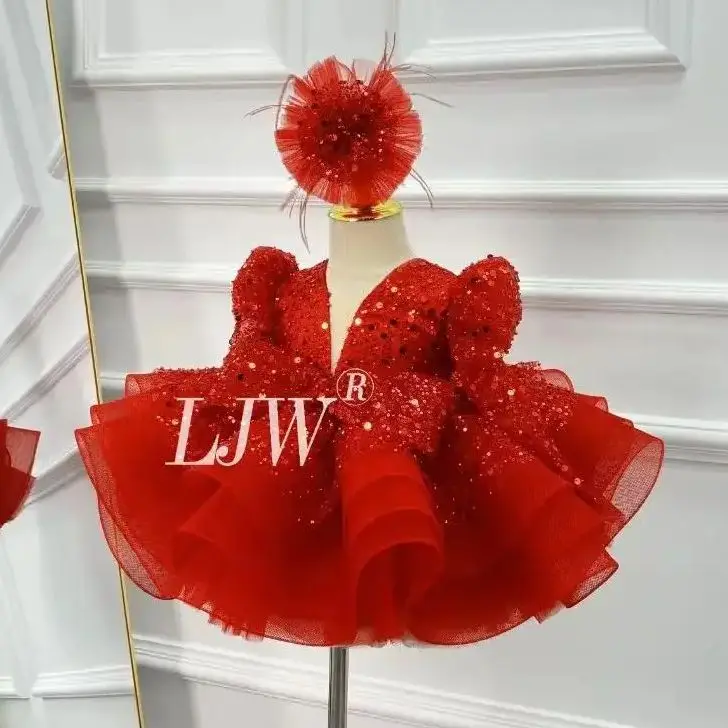 

Red sequin Princess Flower Girl Dresses V-neck long sleeved Wedding Party Birthday Ball Gowns formal first time girl Christmas c
