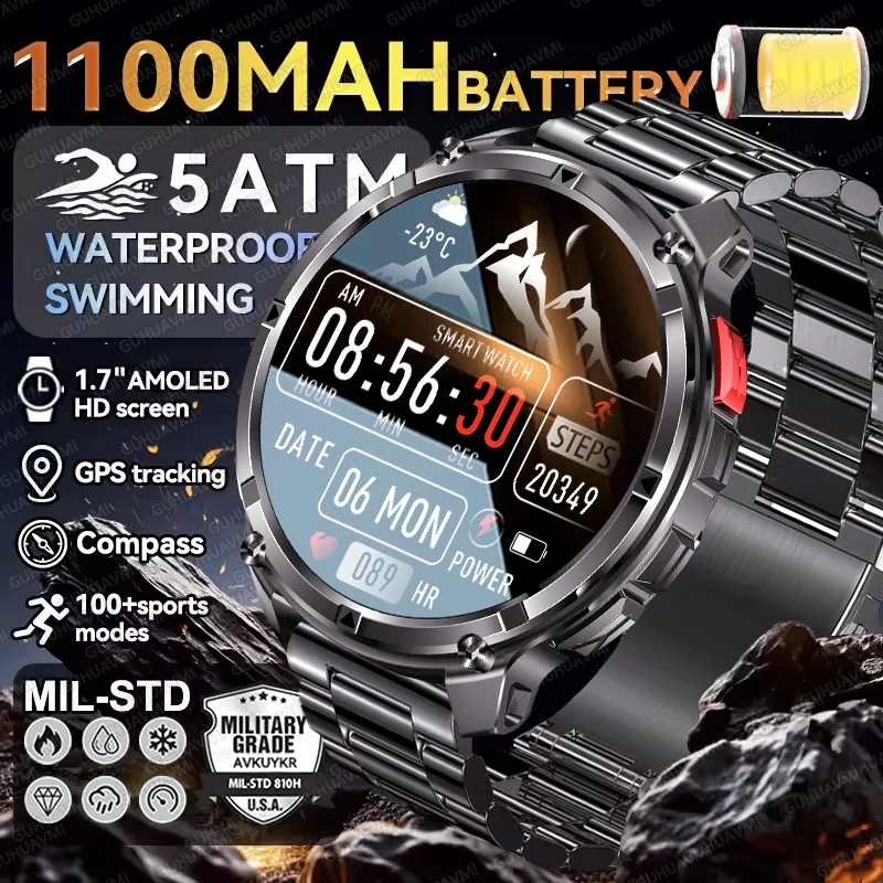 

New Military 1100mAh Large Battery Durable Adult Smart Watch GPS Strong Flashlight 5ATM Waterproof BT Call Sports Smartwatch Men