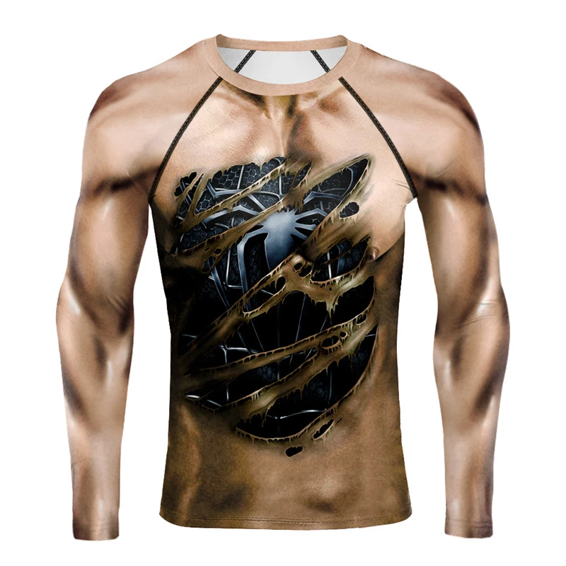 Muscle Tattoo Mens Compression T-shirts Long Sleeve Wolf Dragon Sportswear Rashguard Fitness Gym Tops Tees Streetwear T-shirt image 3
