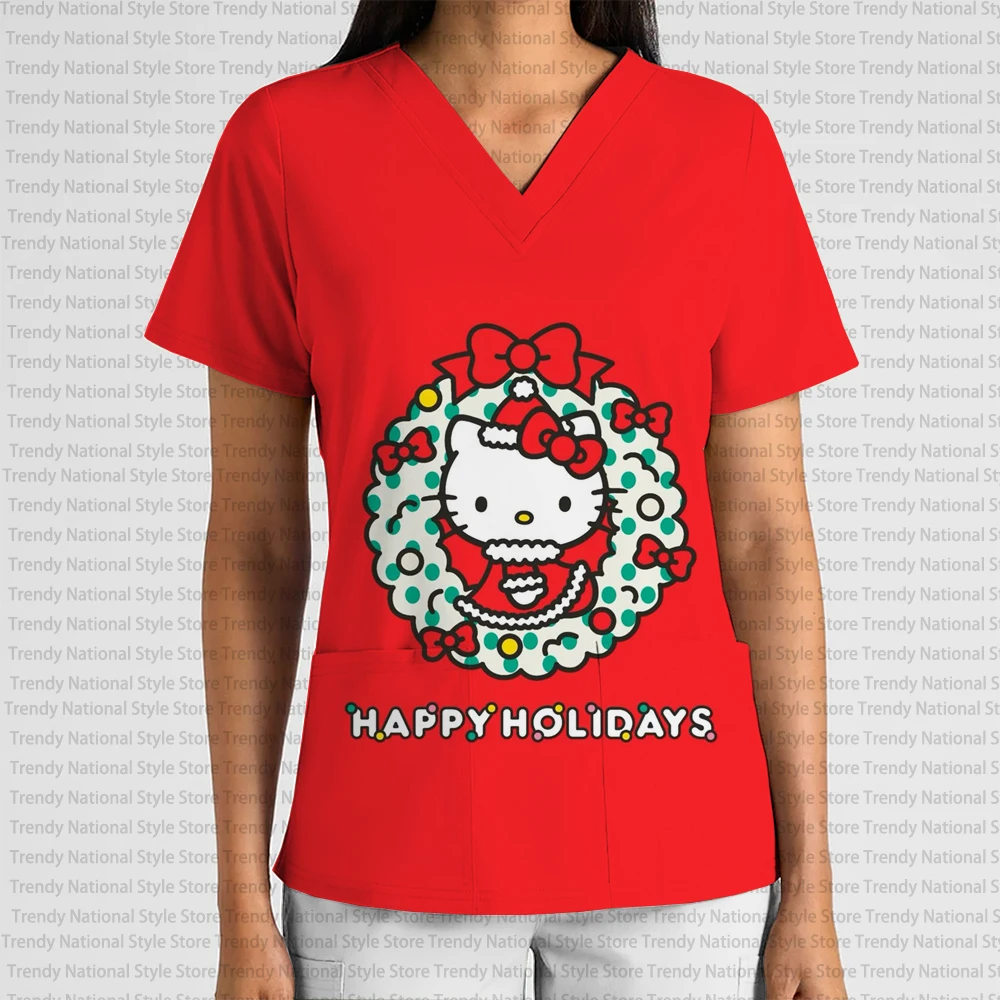 Nieuwe Zomer vrouwen Verpleegster Uniform V-hals Print Scrub Top Kerst Hello Kitty Dental Spa Dierenwinkel vrouwen T-shirt