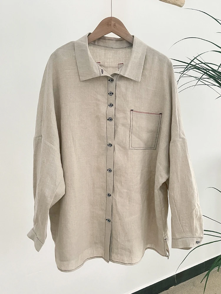 

100% льняная женская рубашка с длинным рукавом, Новое поступление, осень 2022, простой стиль, однотонные свободные женские повседневные топы, рубашки M2004