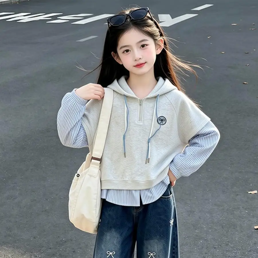 2026 autumn winter Girls clothes striped patchwork Hooded Sweatshirt shirt teenager Kid tops 4 10 11 12  year princess dress