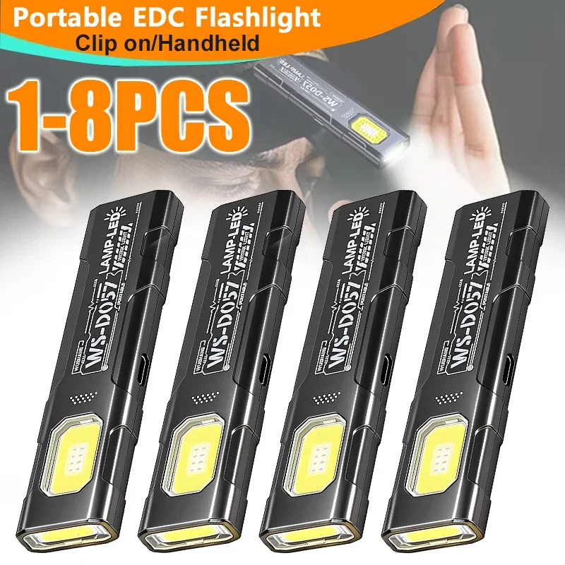 1-8PCS Powerful Mini COB Keychain Flashlight 5 Modes Rechargeable Hanging Work Light Waterproof Camping Walking Pocket Lamp