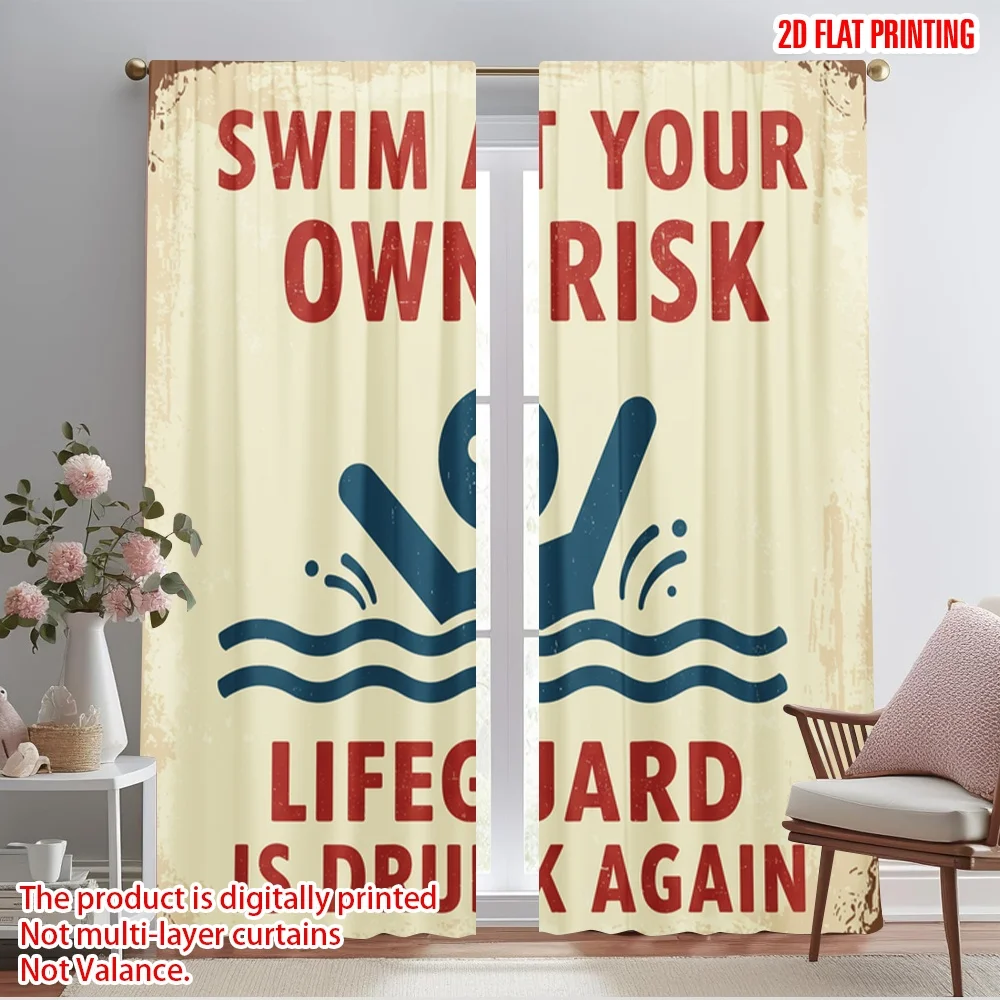 

2pcs 2D flat printing Window Drapes Swim Danger Lifeguard Drunk Polyester Without Electricity Festive Holiday Use for All