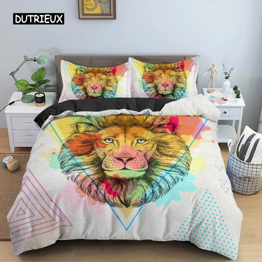 

Polygon Cartoon Animal Pattern Duvet Cover Watercolor Lion Background Polyester Bedding Set King Queen Size 2/3Pcs for Kids Boys