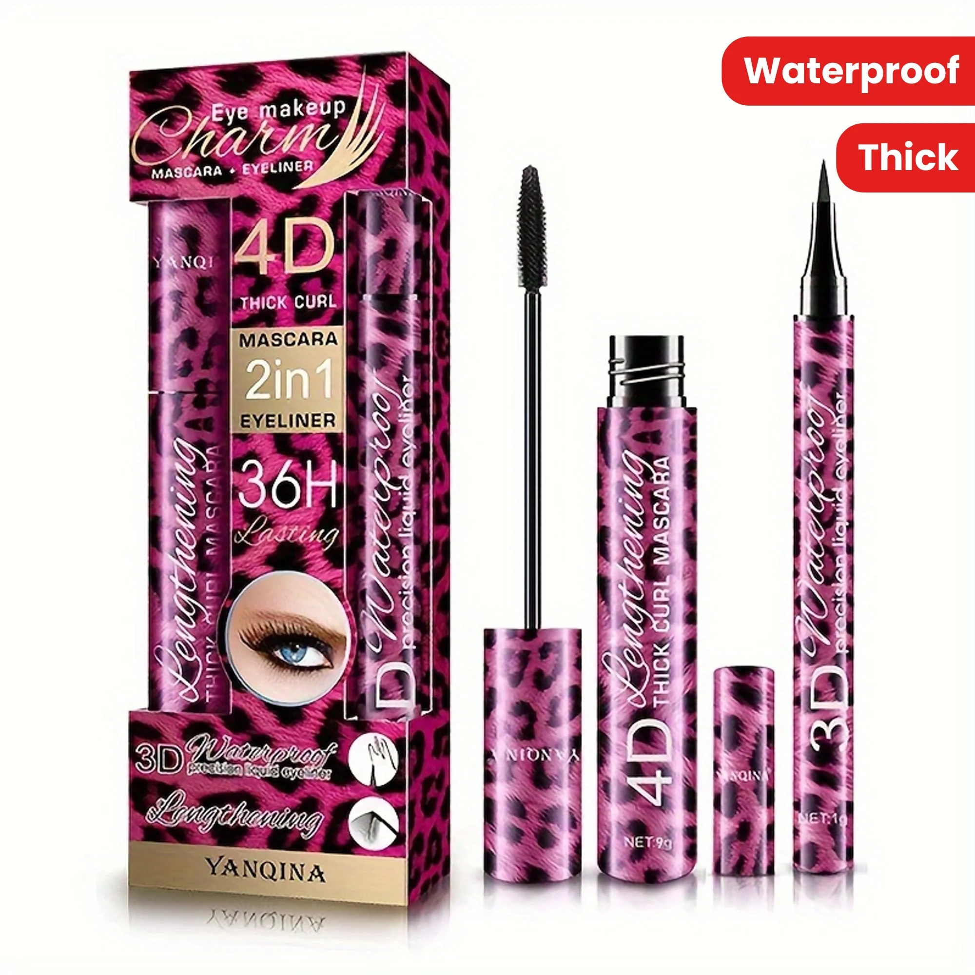 Waterproof Mascara and Eyeliner Set for Curling Holding Thicker Lashes Leopard Print Packaging All Skin Types