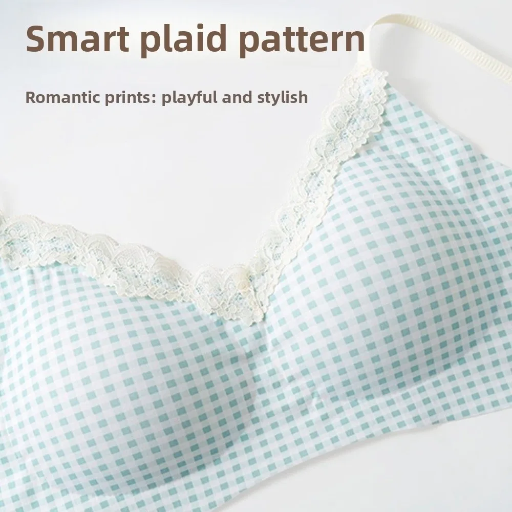 Traceless Lace Wireless V Bra Flower Bow Shockproof Brassiere for Women Gathered Breasts Grid Pattern Lace Floral Print Bra
