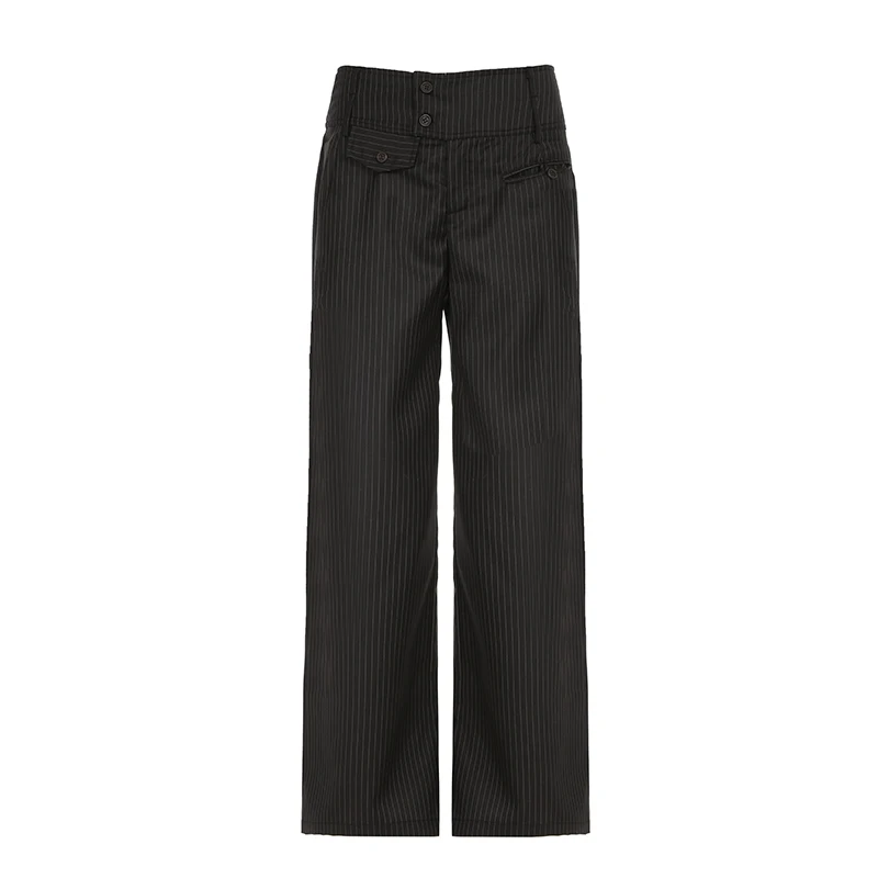 90s Retro Button Stripe Pants Women's Low Waist Loose Wide Leg Casual Pants Summer Street Style Y2k Aesthetic Suit Pants Straigh