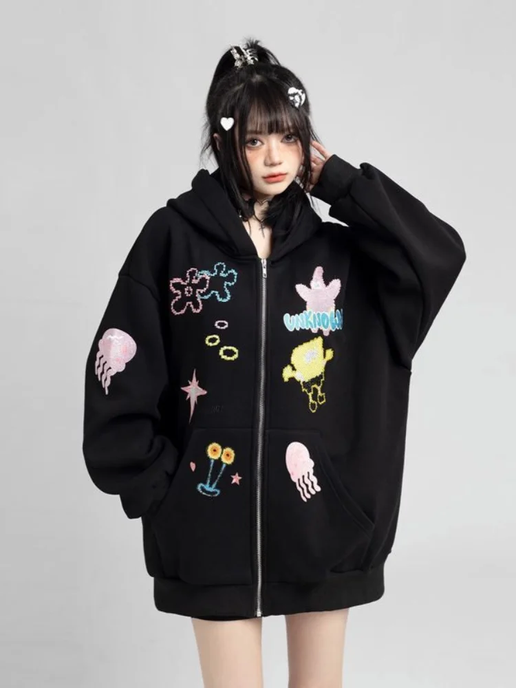 Deeptow Y2K Sweet Kawaii Cute Letter Printed Drawstring Hooded Women Long Sleeve Loose College Style Zip Up Hooded Clothes New